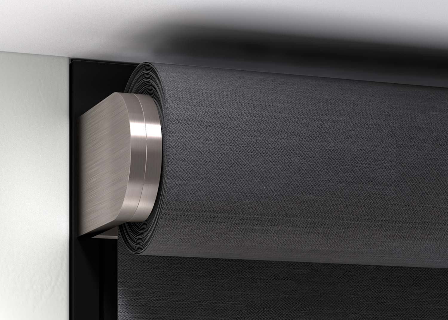 Lutron end bracket with gray fabric roll