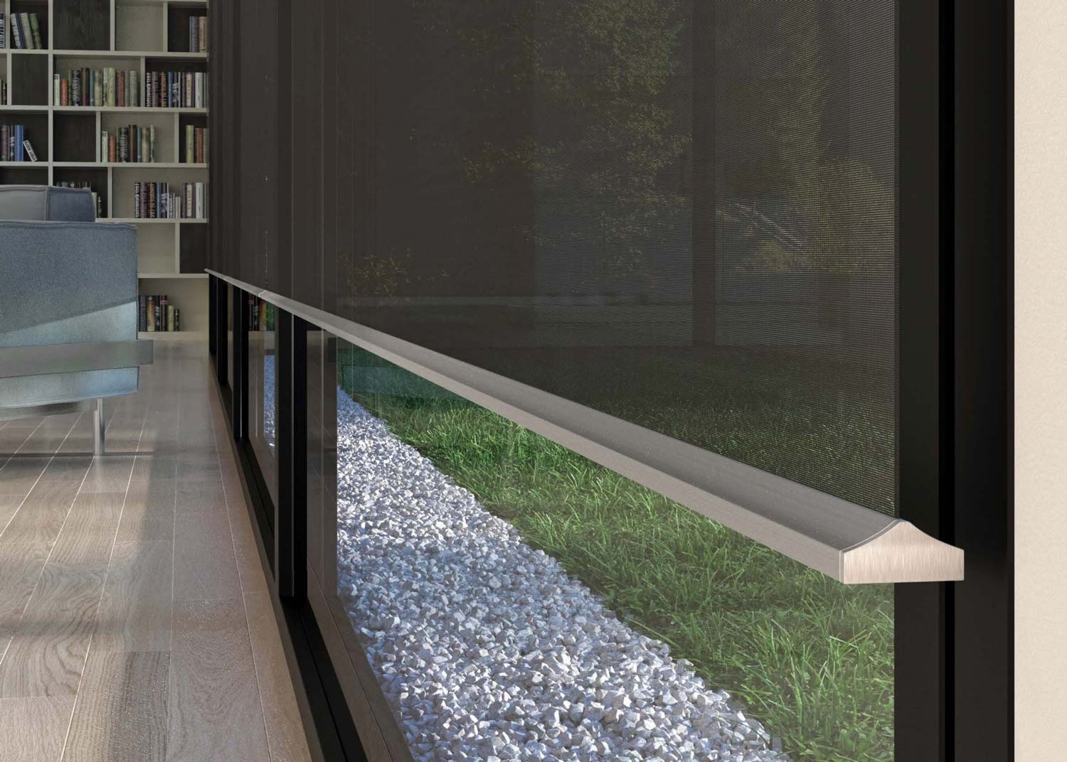 Close-up of Lutron automated window treatment hembar